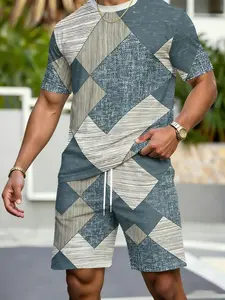 Men's Summer Set, Short Sleeve Tee with Track Shorts, Casual Geometric Pattern, Comfortable Breathable Two-Piece Set