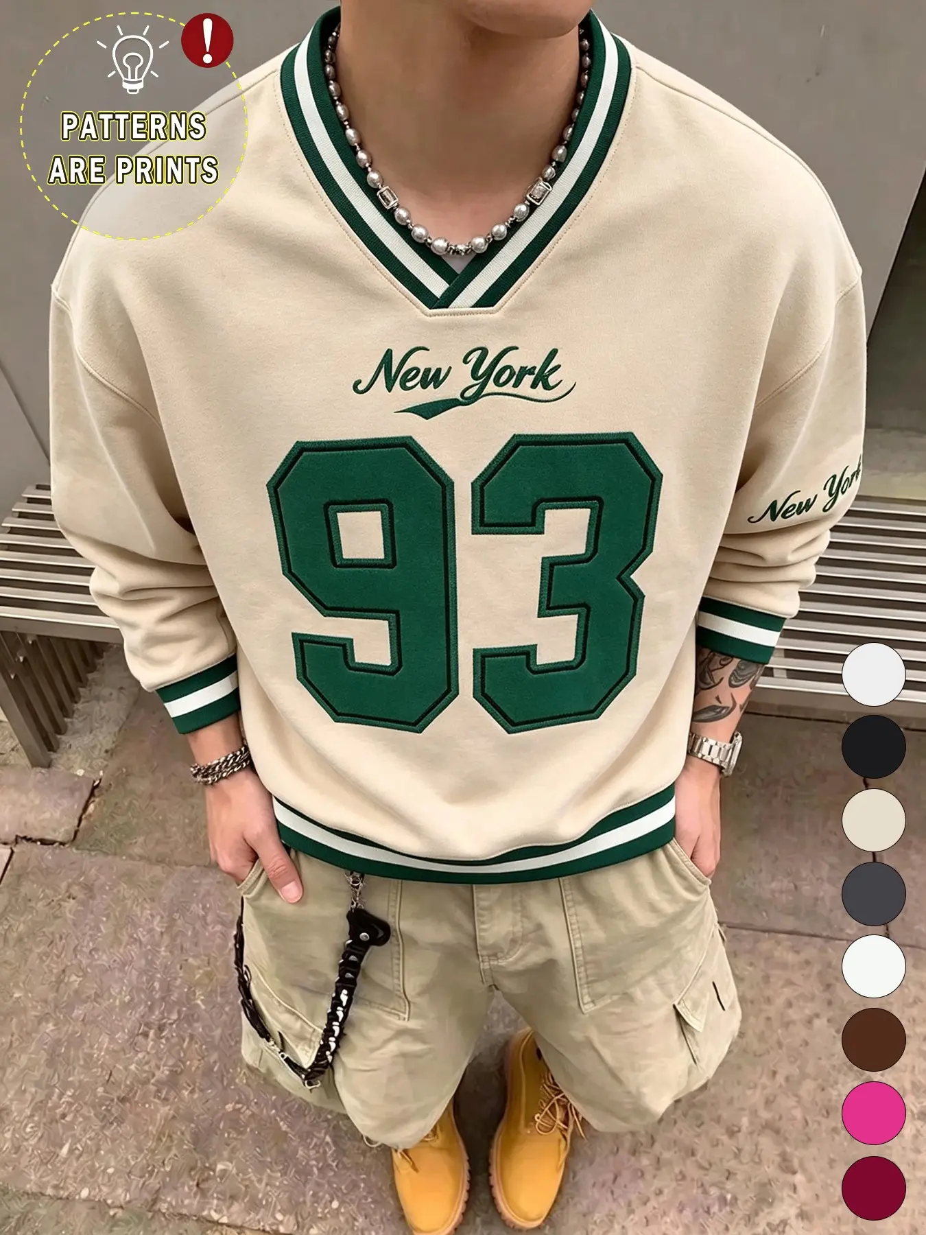 Unisex 90s American Street Style New York Baseball Print V-Neck Sweatshirt, Multi-Color Ribbed Edge Top, Casual All-Season Wear