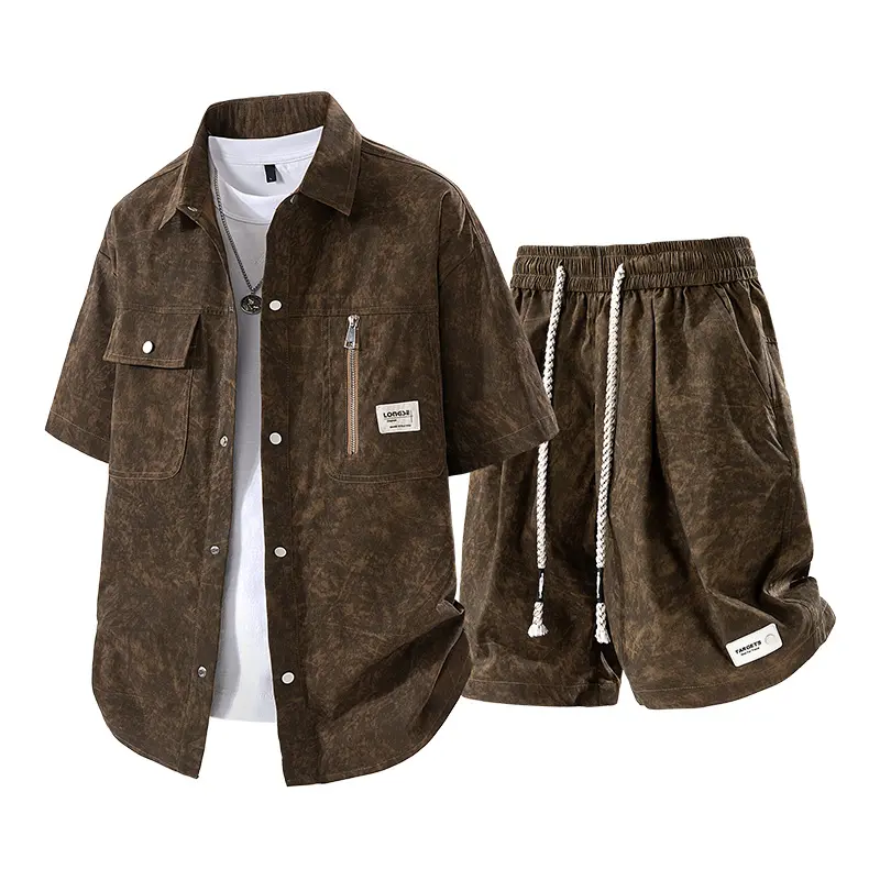 Men's 2 Piece Streetwear Set, Acid Wash Textured Short Sleeve Utility Shirt and Shorts, Lightweight Summer Menswear, 2 Pc Shorts & Top Sets