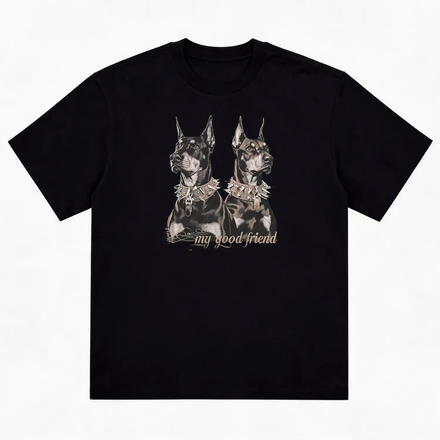 Unisex Vintage Graphic T-Shirt |     Trendy Streetwear Tee with Doberman & "My Good Friend" Print |     Soft Cotton Casual Short Sleeve Top |     Men's Summer Graphic Shirt