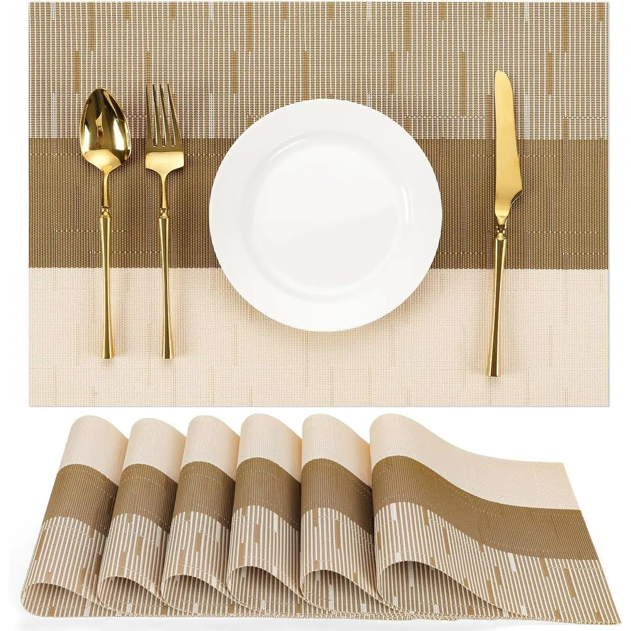 6-Piece Vinyl Woven Tableware Placemats Set, Heat-Resistant Washable Wipeable Non-Slip PVC Mats for Kitchen Dining Indoor Use