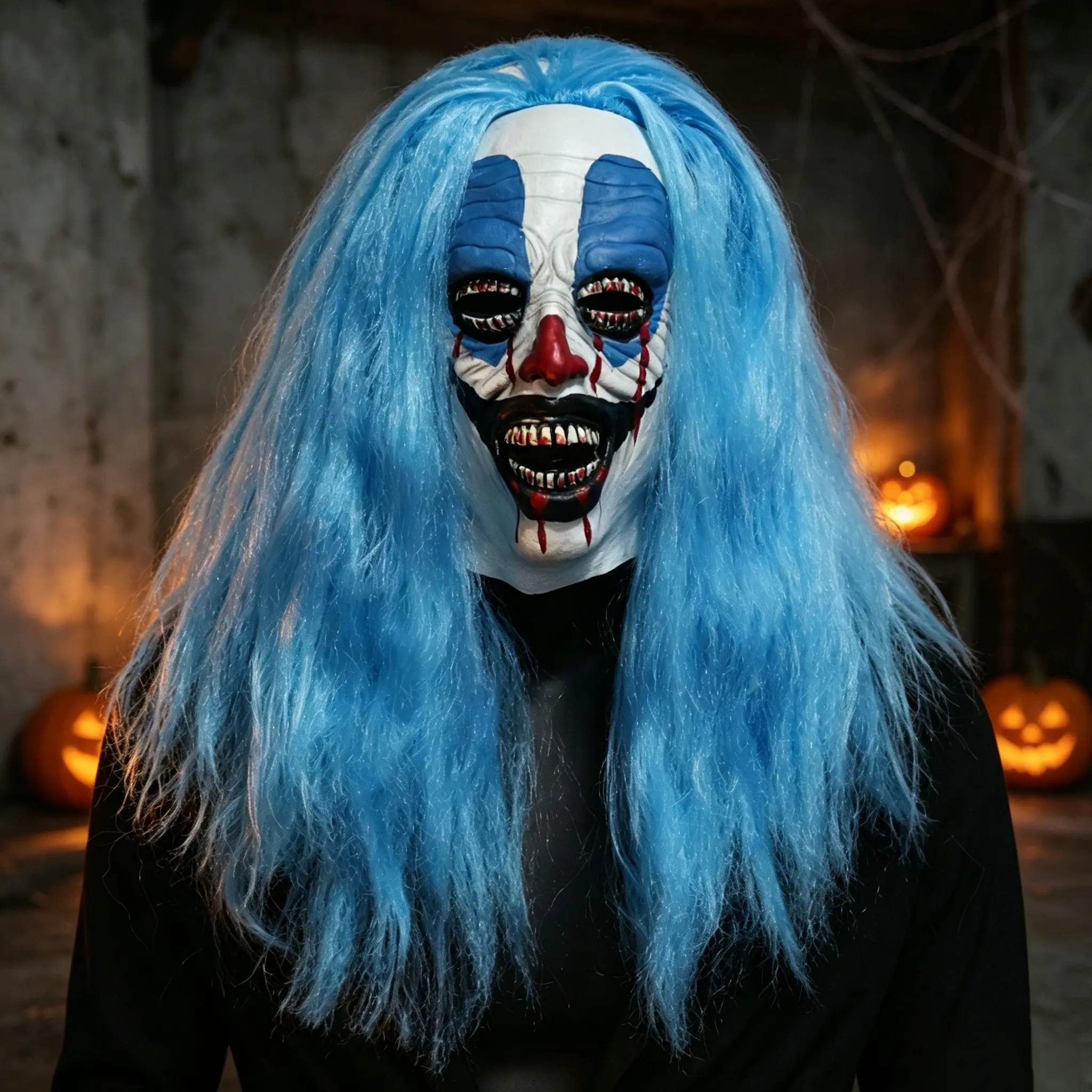 1PC Scary Clown Mask with Long Blue Hair, Latex Full Head Mask, Bloody Fangs Horror Face Mask, Halloween Haunted House Cosplay Party Prank Prop