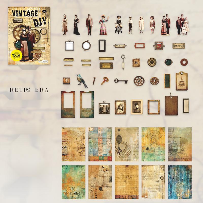 220 sheets/set, retro material pack, character theme, hard cardboard and light paper materials, creative DIY materials, handbooks and handmade materials.