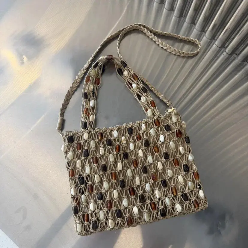 New Women's Bohemian Beaded Plastic Rope Crochet Open-Top Handbag, Handmade Hollow Knitting Woven Bag for Carry Items, Purses for Women Beach Bag
