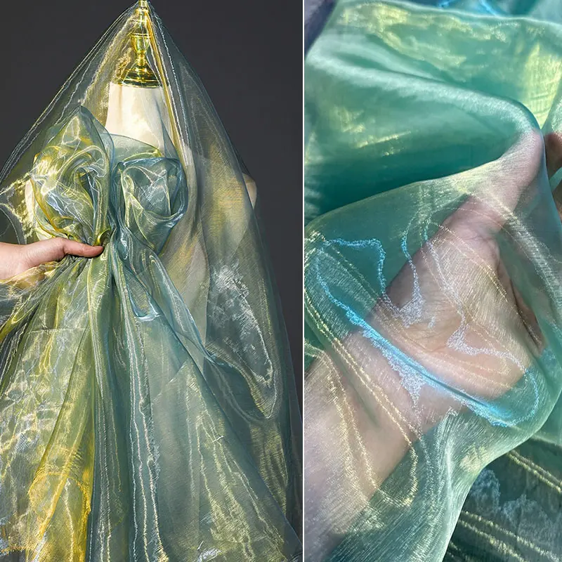 1pcs greengold Shimmer Color Changing Organza Mesh Fabric, Silky Glossy Wine Red Iridescent Sheer Material, Ideal Sewing Fabric for Cape, Bridal Veil, Holiday Table Decor & Evening Performance Dress