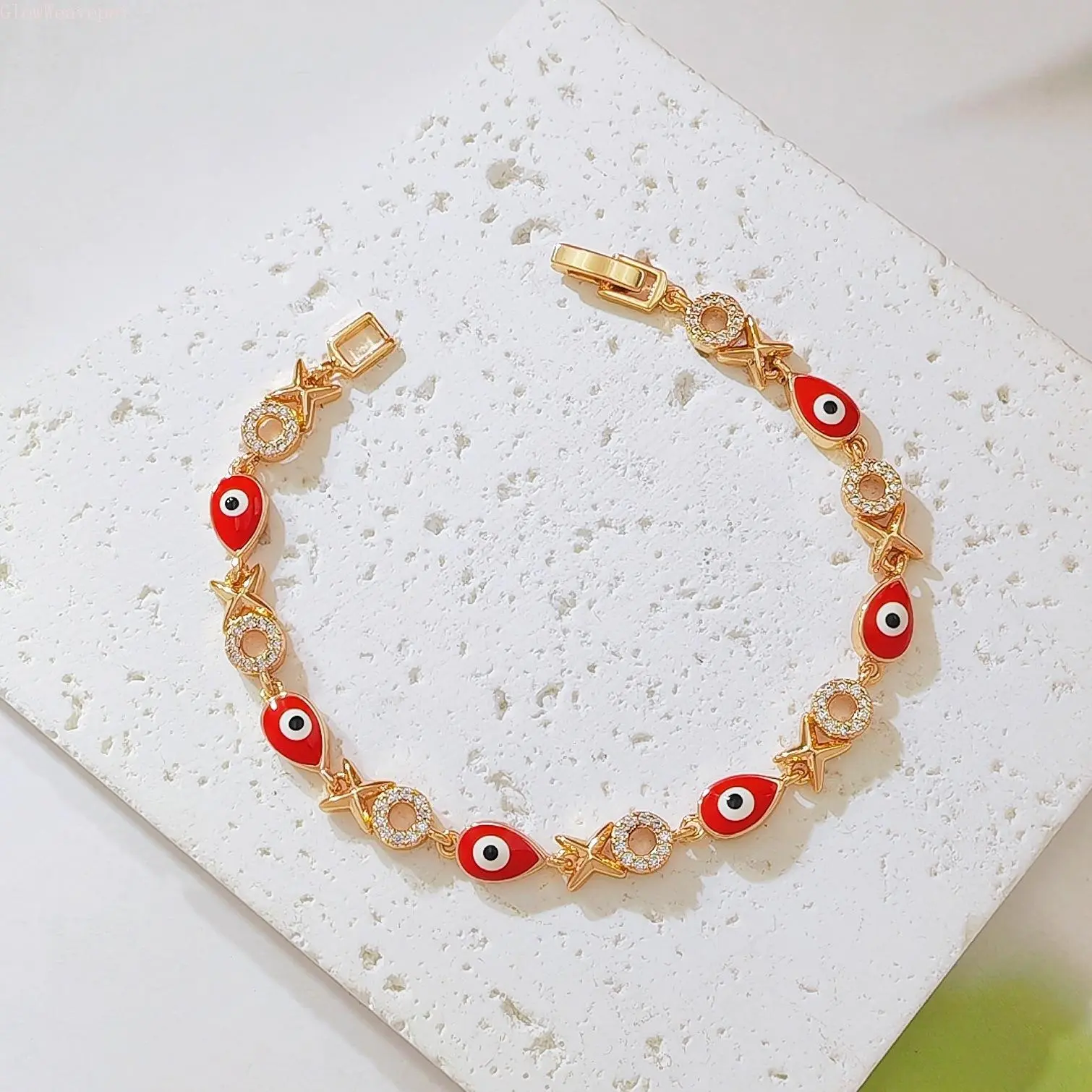 14K Gold Plated Red Evil Eye Bracelet For Women Sparkling Rhinestone O Ring Teardrop Eye Star Link Chain Fold Over Clasp Lucky Protection Summer Outfits Jewelry