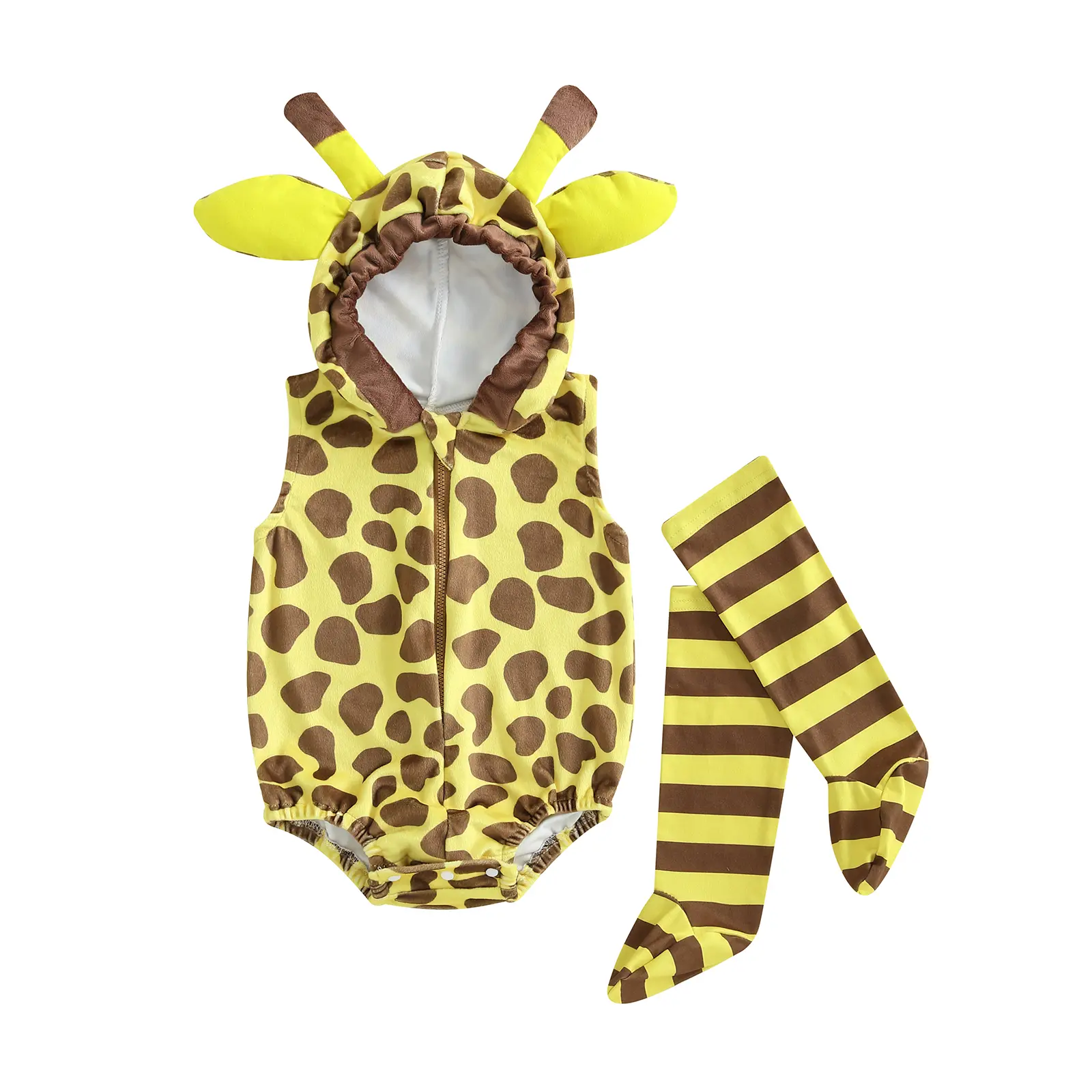 Canrulo Baby Girl Boy Halloween Outfit Baby Giraffe Costume Sleeveless Hooded Romper with Socks Infant Halloween Animal Costumes