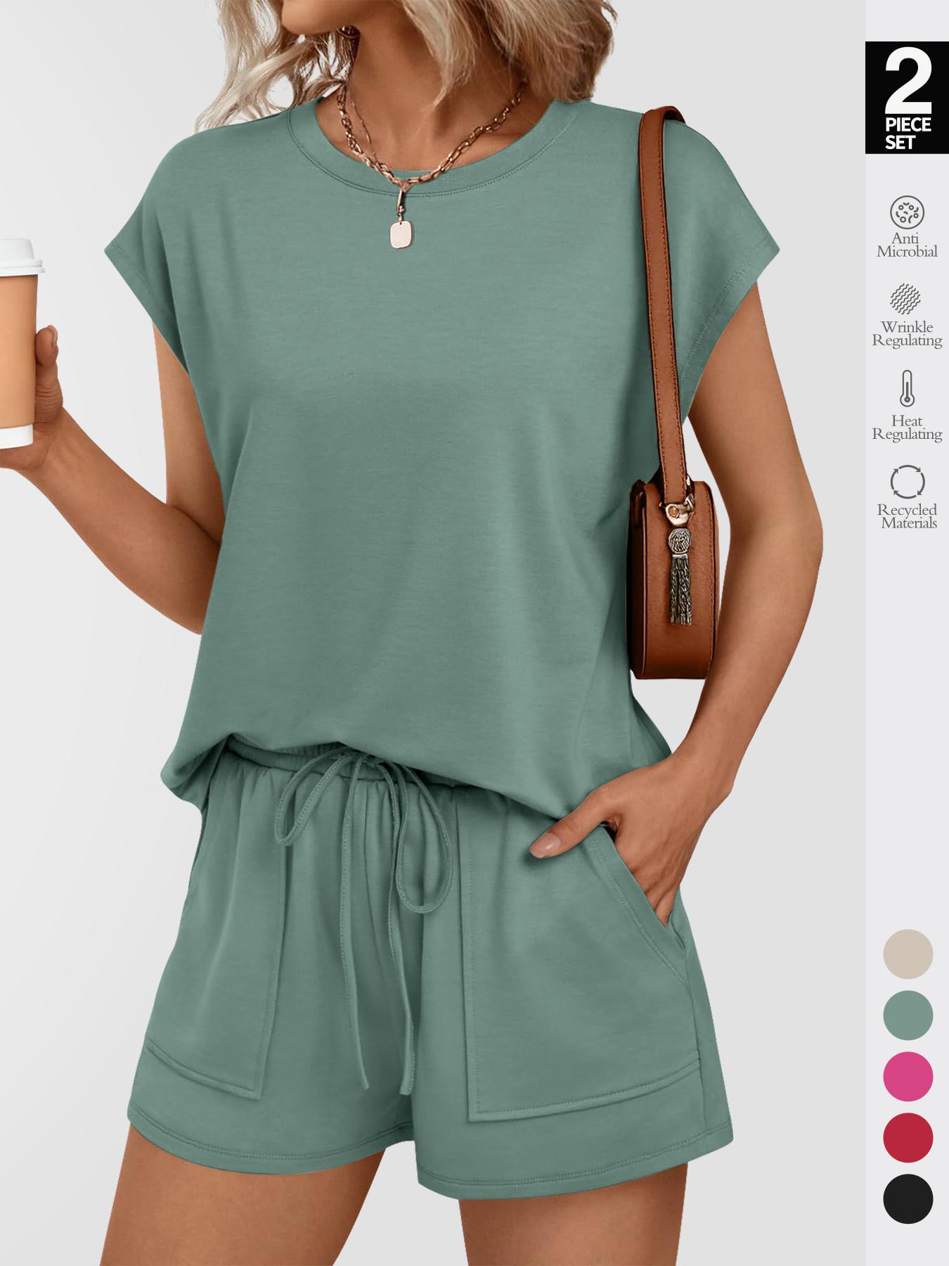 Women's Solid Curved Hem Tee & Drawstring Waist Shorts Set, Casual Cap Sleeve T-shirt & Pocket Shorts, Ladies Sleepwear for Summer, Loungewear Pajama Set