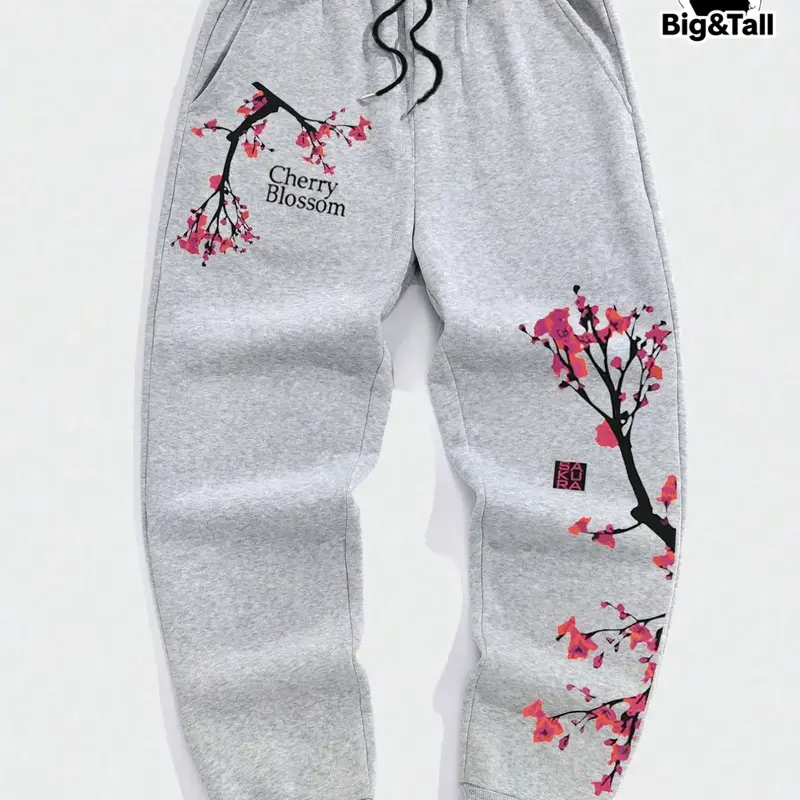 Men's Plus Size Plum Pattern Print Jogger Pants, Printed Sweatpants, Loose Comfortable Casual Fashion, Perfect for Daily Outdoor Wear