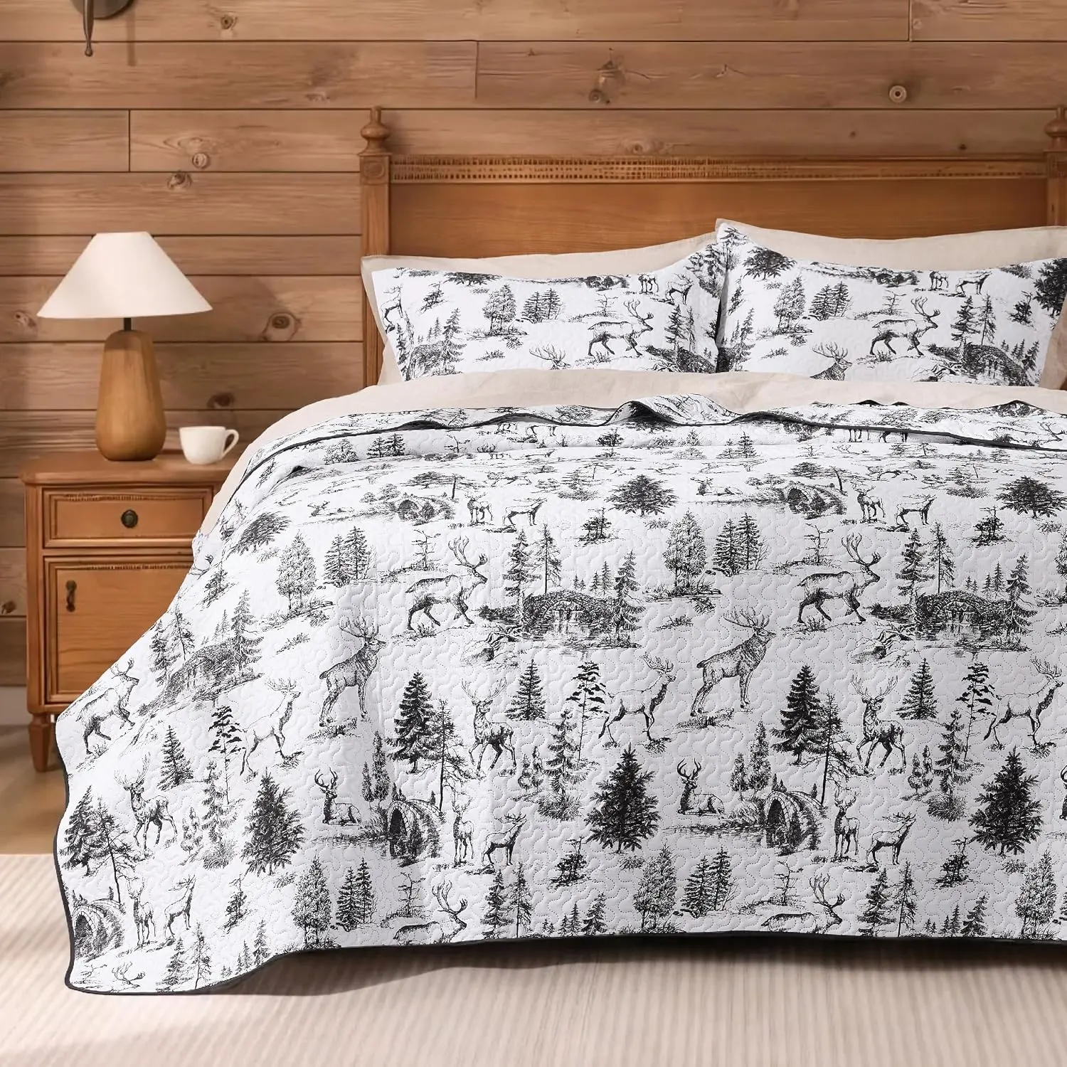 Rustic  Quilt Bedding Set, Christmas Lightweight Reversible Cabin  Bedspread Coverlet, 2-  Bed Cover Quilt with 1 Pillow Sham for  , White and Black