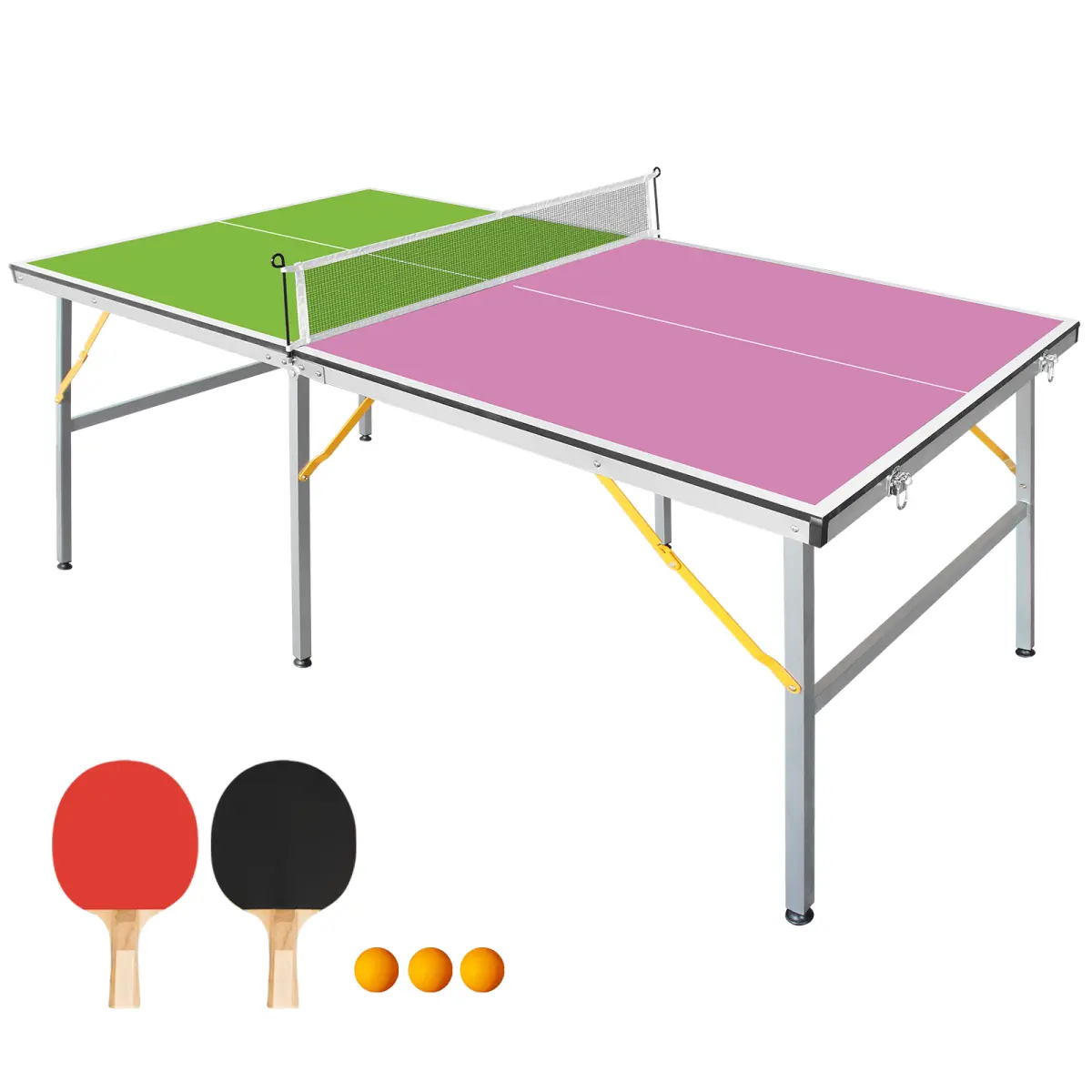 Green & Purple 6FT Foldable Portable Table Tennis Table 72"L*36"W*30"H, Mid-Size Indoor Ping Pong Table Set with Net, 2 Paddles and 3 Balls, Rustproof Aluminum Frame, Adjustable Legs for Family Game Room