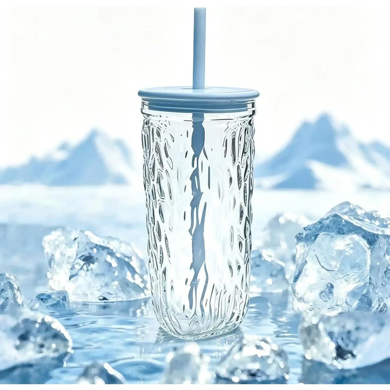 16oz Glass Tumbler with Lid and Straw, Glacier Texture Iced Coffee Cup, Cute Aesthetic Glass Cup with Triangle Base,  Glass Coffee Cup for Cold Brew, Latte,  and Water