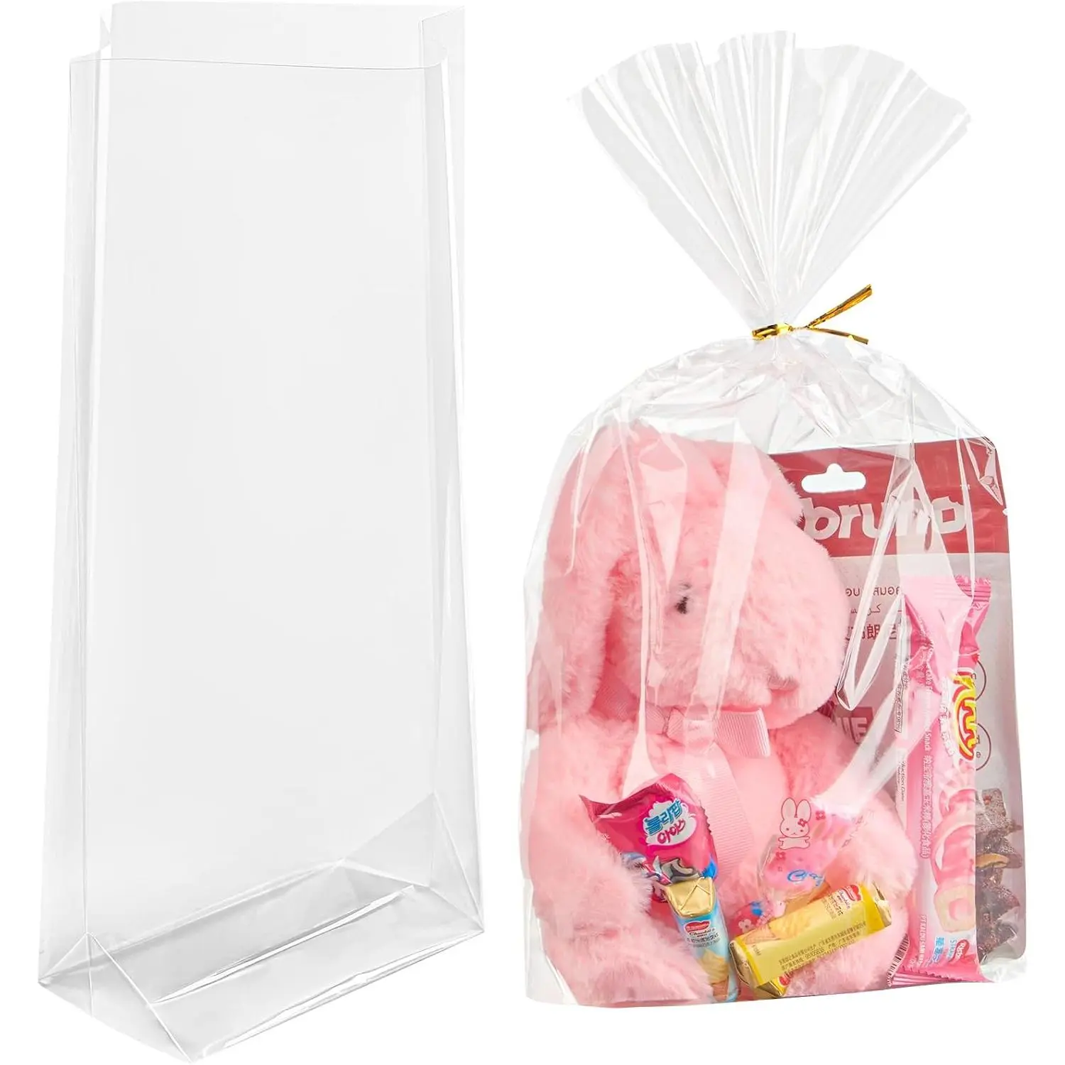 10x14x3.3 Inch Flat Bottom Gusset  Bags, 50 count | Clear Cellophane  Bags, With 50 Twist Ties, Goodie Bags, For Easter Party Favor Cookie, Popcorn,