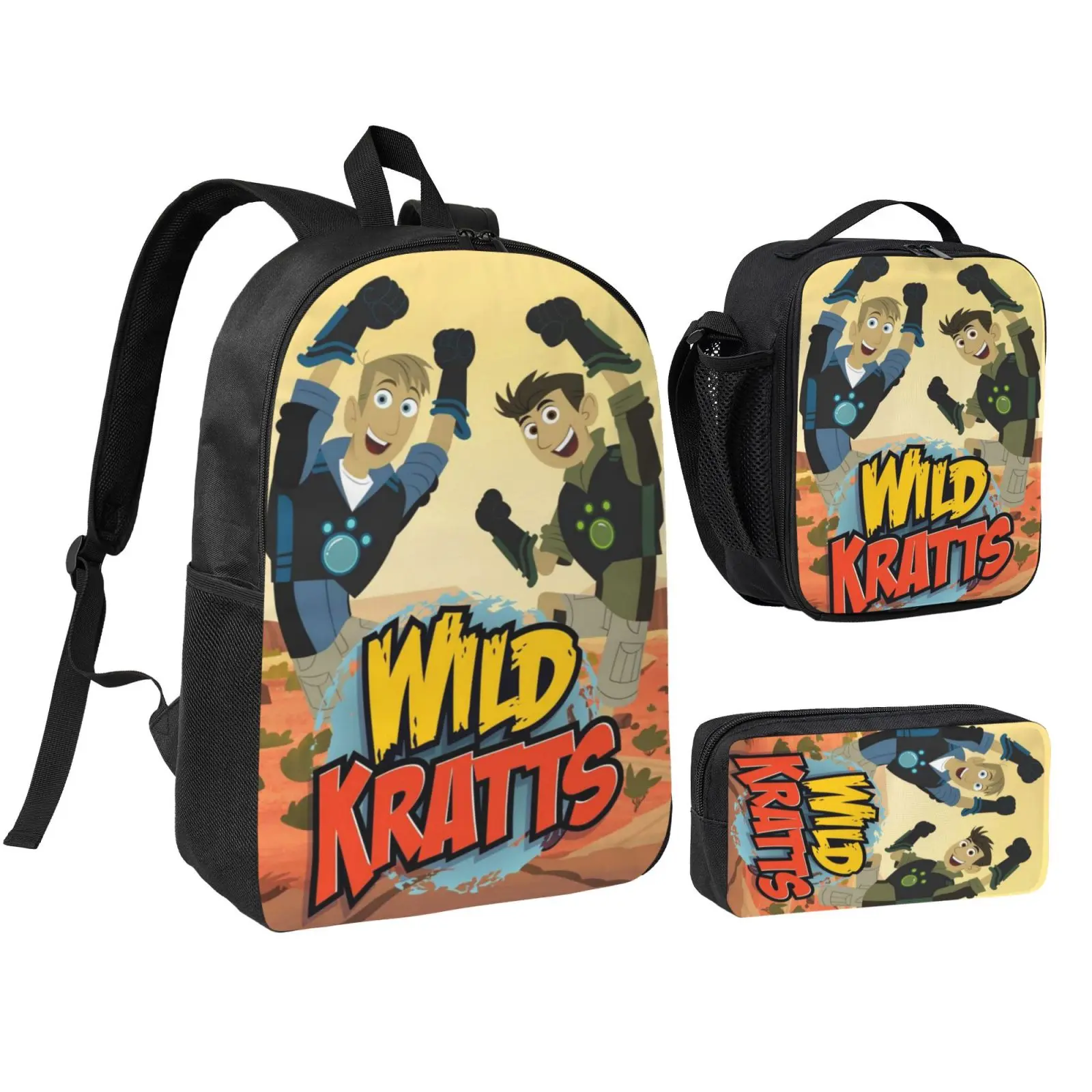 Anime Wild Kratts Kids' 3-Piece School Bag Set - Polyester Waterproof Backpack with Adjustable Straps, Lunch Box, Pencil Bag for School/Travel, Cute Print
