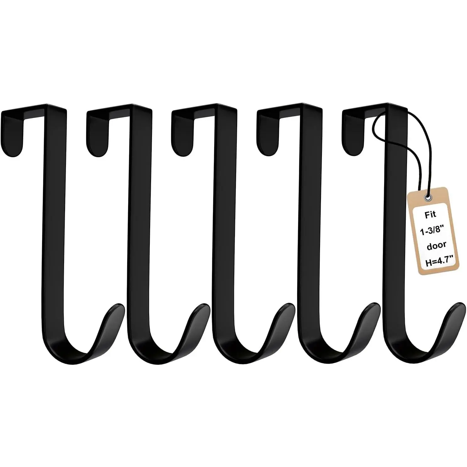 5 Pack Over The Door Hooks(L=4.7"), Over Door Hanger, Heavy Duty No Drill Hanger for Towels, Coats, Hats, Bags in Bathroom, Bedroom, Kitchen, Living Room-Black