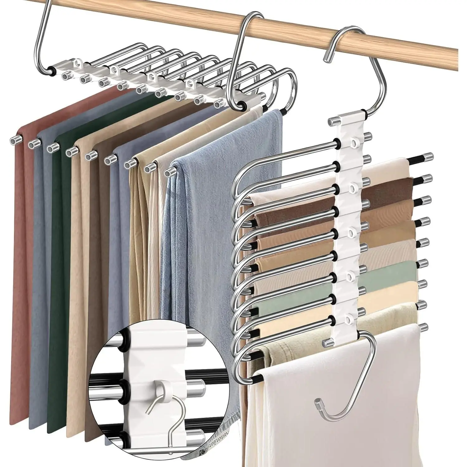 9 Layers Pants Hangers Space Saving Non-Slip Closet Organizer 2 Pack | Metal Space Saving Hangers Multi-Layer Multifunctional Rack Closet Organizers and Storage for Skirts Jeans Trousers(White)