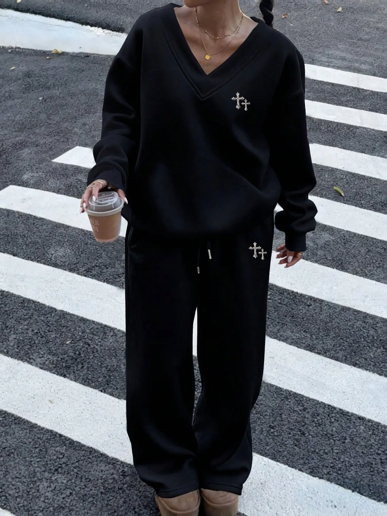 Women Y2K Hot Girl Oversized V Neck Cross Rhinestone Sweat Matching Set Black Relax Fit Casual Long Sleeve Sweatshirt Top & Baggy Sweatpants Daily Co Ord
