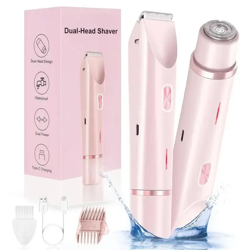 Bikini Trimmer for Women, 2-in-1 Dual-Head Electric Shaver, IPX7 Waterproof Wet & Dry Use, Rechargeable Cordless Painless Groomer for Pubic Areas, Face, Underarms & Legs, Portable Grooming Tool for Sensitive Skin