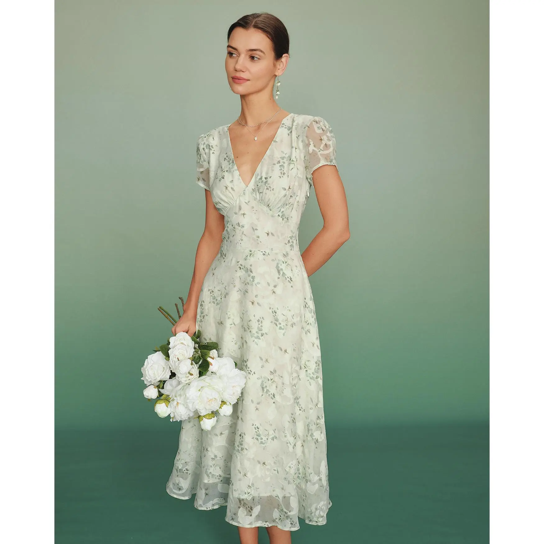 Green Puffed Sleeve Floral Tunic Midi Dress
