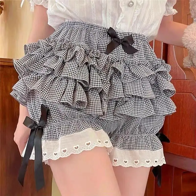 Black white pleated panties woman pumpkin cute panties bow knot lolita safety shorts vintage pants victorian bloomers