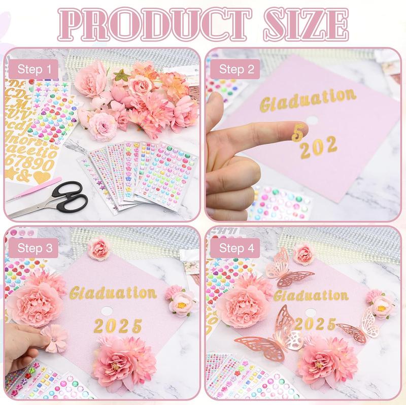 Graduation Cap Decorations Kit Grad Cap Topper Decor Includes Glitter Paper 3D Butterfly Faux Flower Letters Stickers, Cap Decorations for DIY Graduation Cap Topper (Pink)