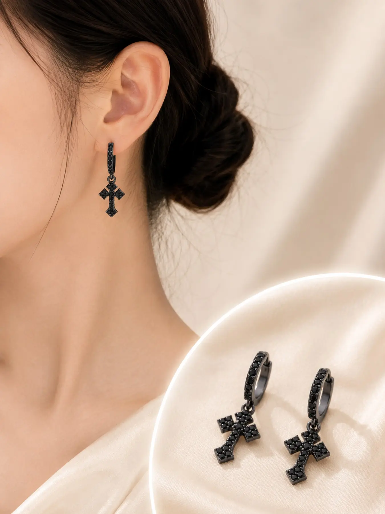 Diamond Cross Earrings, Gunmetal Color, Unisex Hip Hop Punk Dangle Earrings, Fashion Jewelry for Men and Women