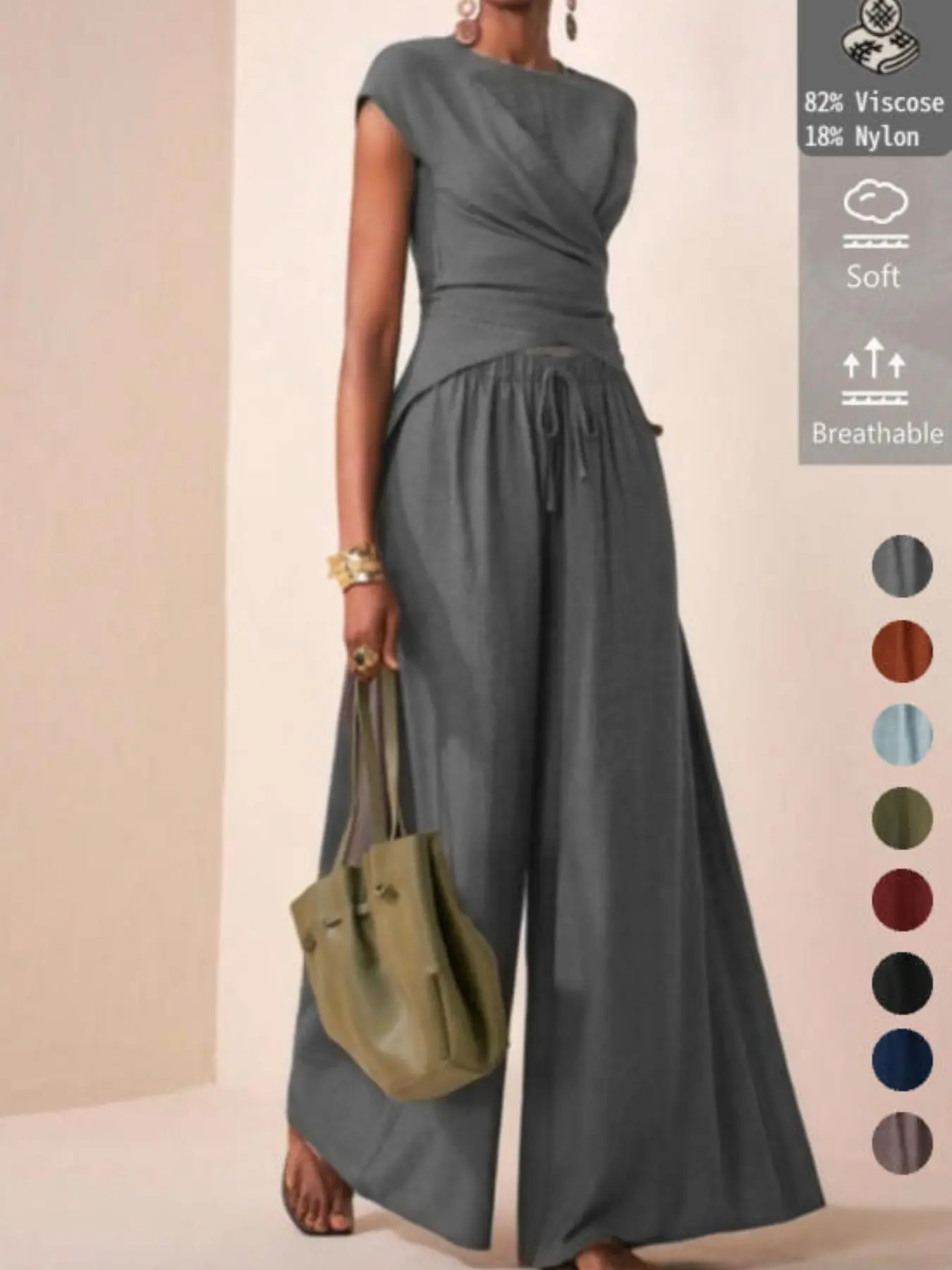 Women's Viscose Soft Breathable Waist Cinch Tie Back Bodycon Top & Loose-Fitting Wide-Leg Pants Set, Casual Outfit for All Seasons, Solid Color
