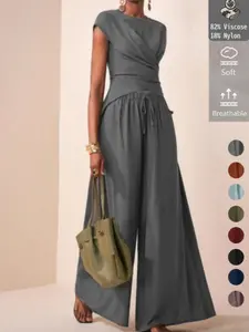 Women's Viscose Waist Cinch Belted Bodycon Top, Casual Wide Leg Long Pants Set, Loose-Fitting, All Seasons, Plain Surface