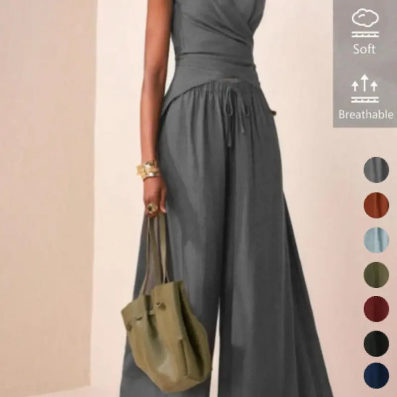Women's Viscose Soft Breathable Waist Cinch Tie Back Bodycon Top & Loose-Fitting Wide-Leg Pants Set, Casual Fashion Set, Casual Outfit for All Seasons, Solid Color