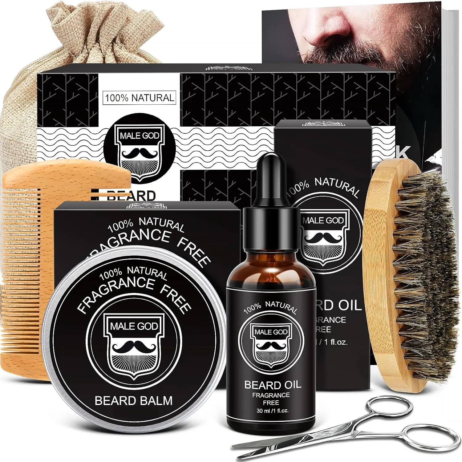 MALE GOD Beard Kit w/Natural Ingredients Beard Oil & Balm, Men's Care & Grooming Set w/Beard Brush & Comb, Anniversary| Birthday Gifts for Men, Him, Husband, Boyfriend, Dad