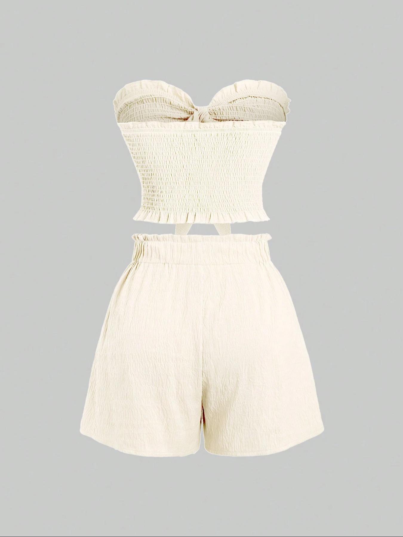 Two-Piece Set Women's Basic Solid Color Crop Tube Top & Elastic Waist Shorts Set, Casual Fashion Cozy Outfits for Daily Outdoor Wear, Ladies Clothes for Summer