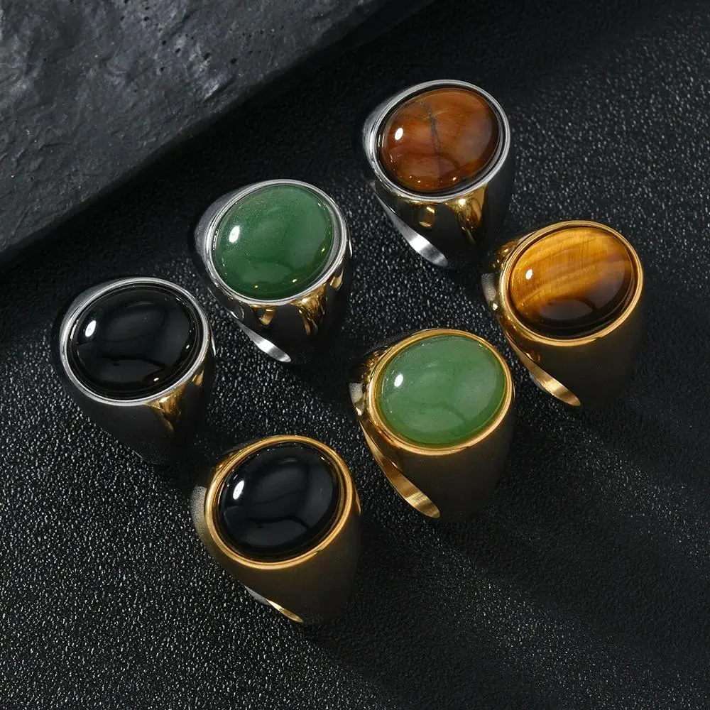 316L Stainless Steel Ring with Oval Natural Tigers Eye Stone, Vintage Finger Jewelry for Men and Women