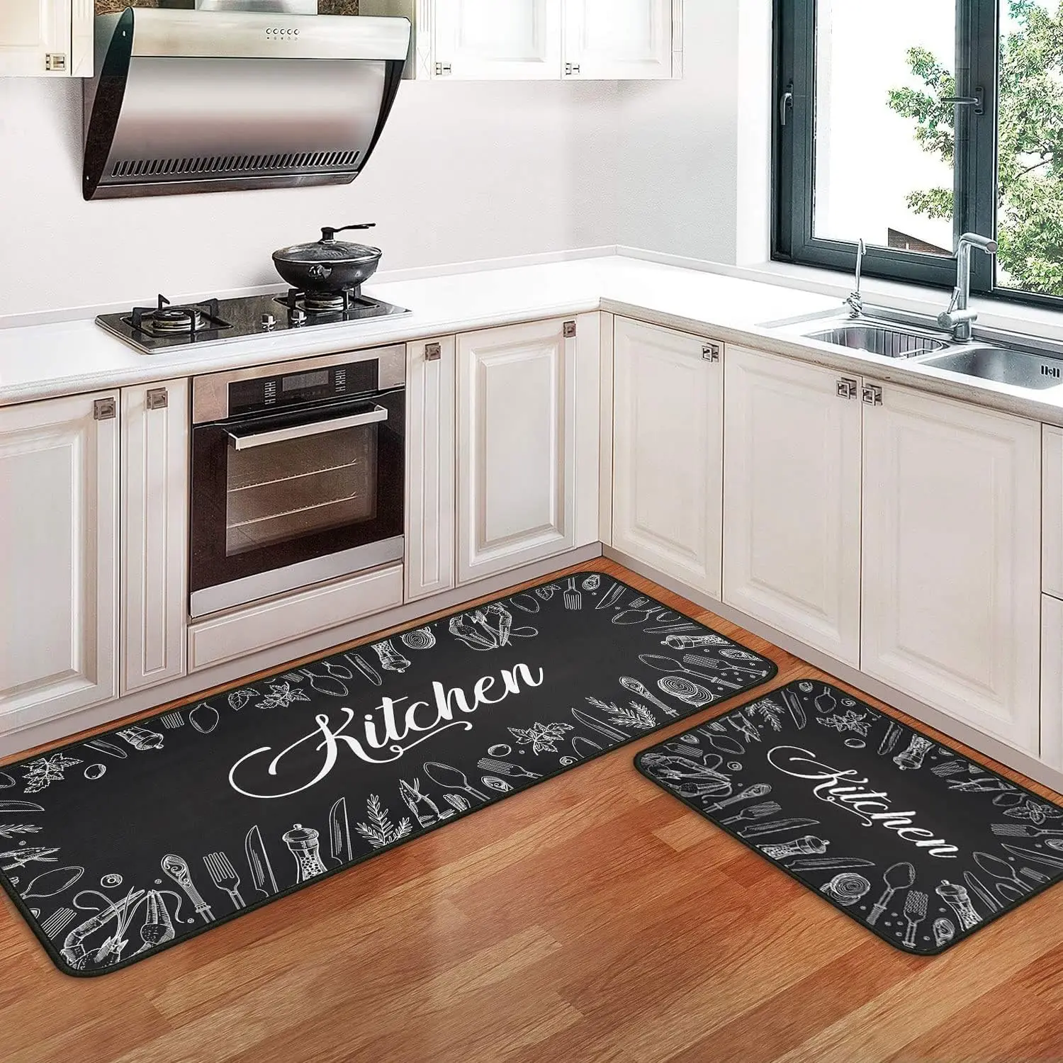 Kitchen Rugs and Mats Set of 2, Black  Kitchen Runner Rug, Non Slip Washable Kitchen Floor Mats,  Cooking Utensil Kitchen Decor for Sink, Laundry Room, Entryway, 17"x30"+17"x47"