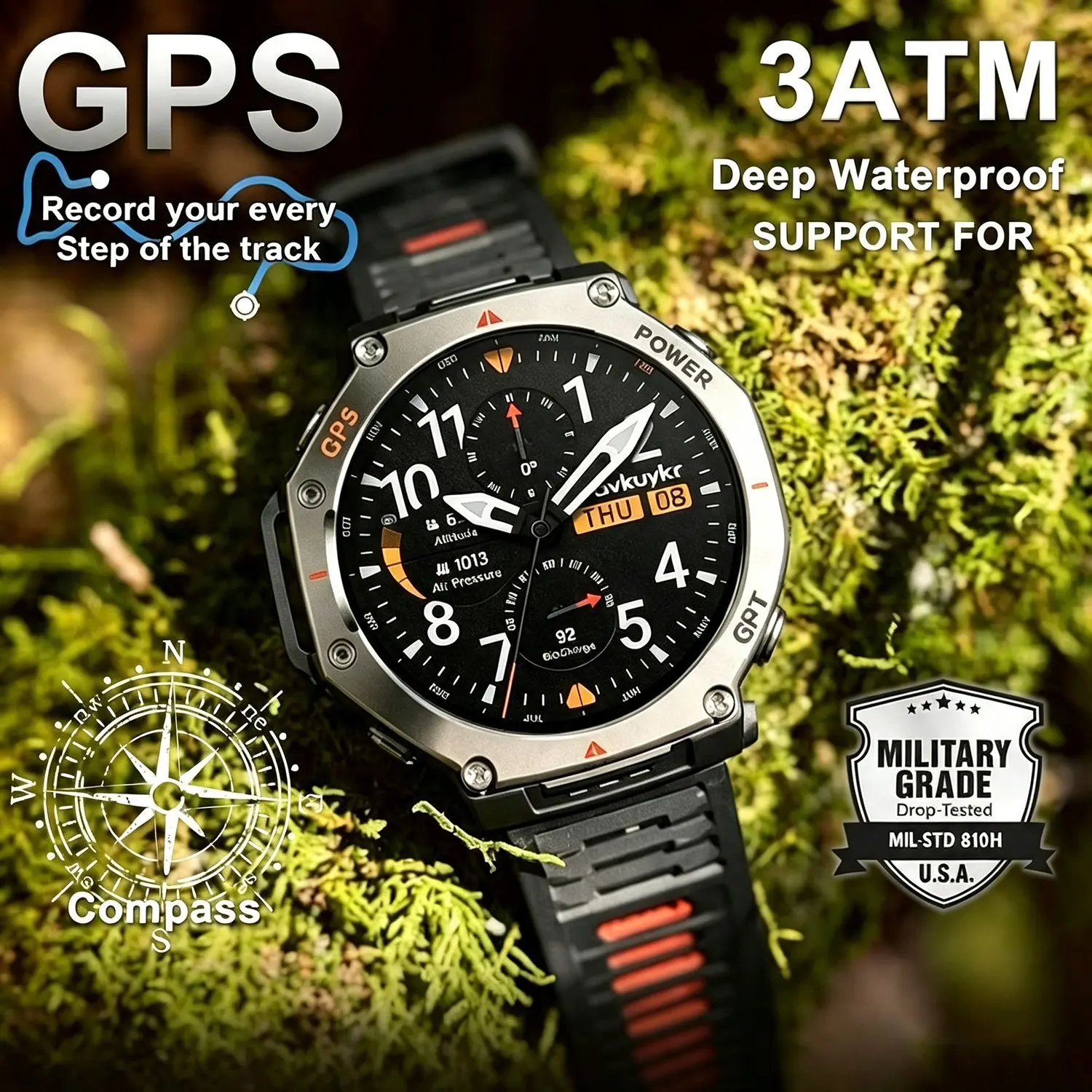 Military Genuine Ultra GPS Smart Watch Compass Altimeter Barometric 3ATM IP69K Waterproof 1.39 inches AMOLED Bluetooth Call Watches