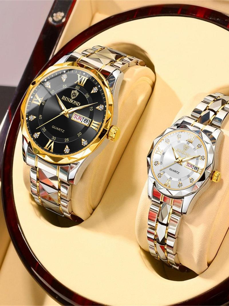 Couple Casual Water Resistant Watch, Fashion Waterproof Round Dial Analog Stainless Steel Quartz Watch Set with Date & Week Display Function, Modern Trendy Accessories As Gift with Box, Luminous Waterproof Watch, Fashionable Waterproof Watch