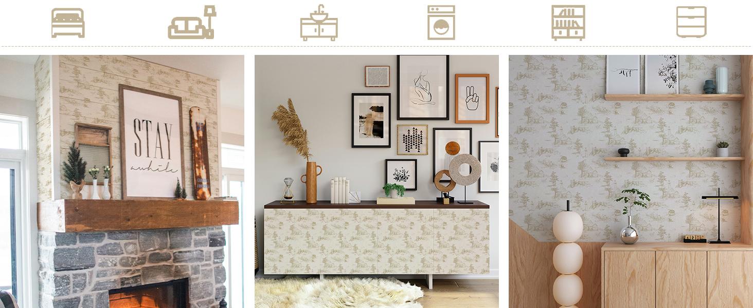 Monochrome Wallpaper Chinoiserie Style Wall Toile de Jouy Landscape Dresser Decal Self Removabal Sticker Peel and Stick Furniture Stickers Vintage Bedroom Livingroom Decoration