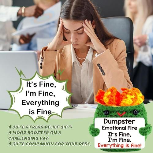 Unique Handmade Crochet Dumpster with Emotional Fire Support & Positive Vibes. Ideal as a funny birthday gift for friends, this adorable and creative decor stands out as a thoughtful present to bring laughter and warm encouragement to anyone.