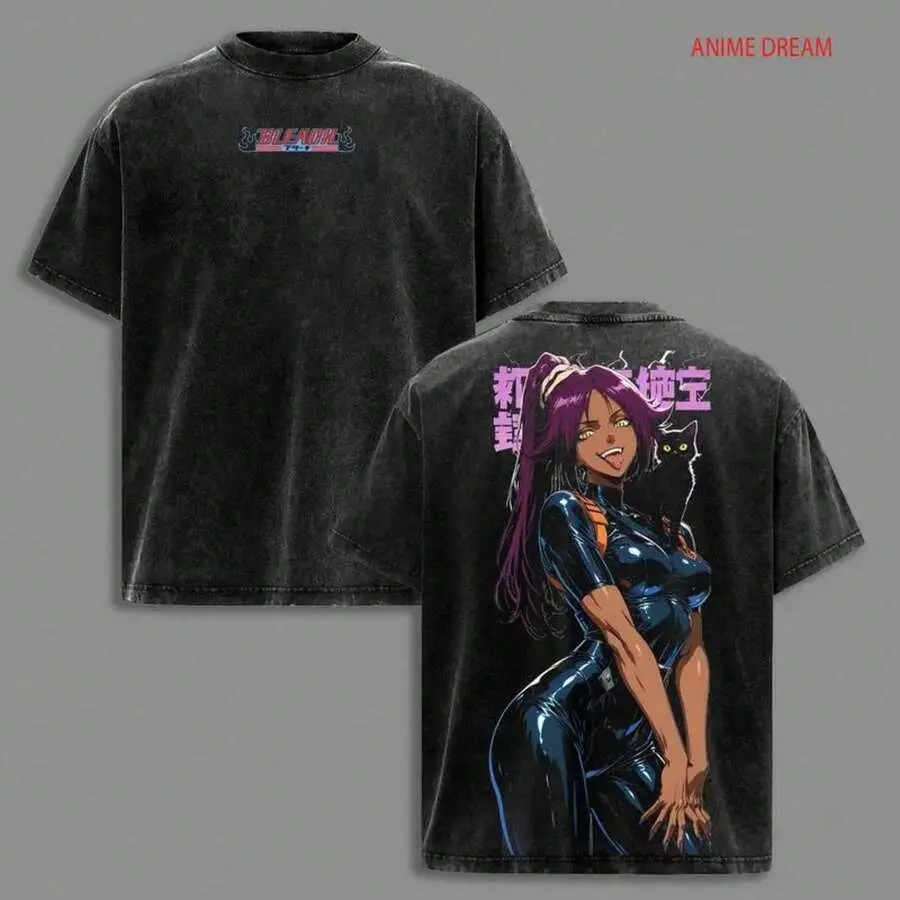 Heavyweight Cotton Crew Neck Short Sleeve Tee Bleach Yoruichi Shihoin Double Sided Anime Manga Retro Graphic Soft Breathable Loose Fit Streetwear Casual Summer Top Ideal Adult Otaku Fan Daily Holiday Birthday Gift Men Women All Season Outfit