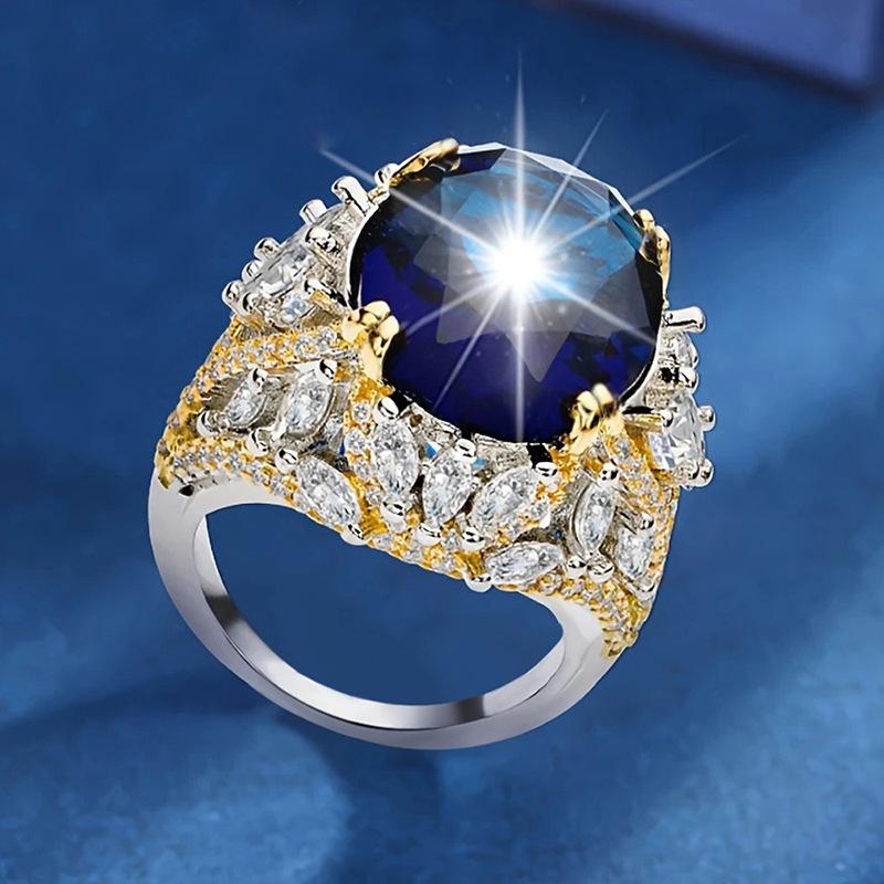 Regal Two-Tone Statement Ring for Women | Large Marquise-Ellipse Simulated Sapphire Ring | Vintage Royal Court Luxury Jewelry | Bold High-End Fashion Accessory
