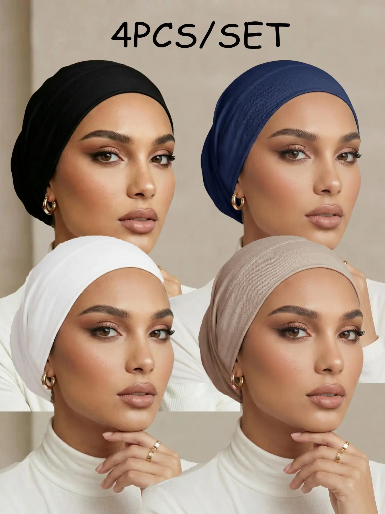 4PCS/SET Women's Fashion Flat Top Hat Jersey Hijab, Solid Muslim Headscarf, Lightweight Breathable Inner Hijab, Suitable for Abaya, Daily Use, All Seasons
