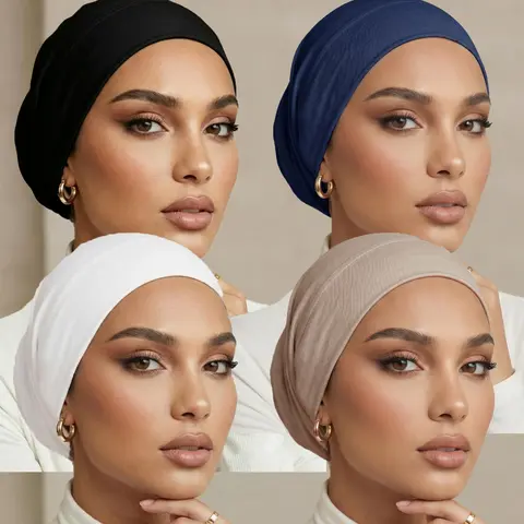 4PCS/SET Women's Fashion Flat Top Hat Jersey Hijab, Solid Muslim Headscarf, Lightweight Breathable Inner Hijab, Suitable for Abaya, Daily Use, All Seasons