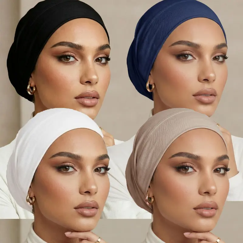 4PCS/SET Women's Fashion Flat Top Hat Jersey Hijab, Solid Muslim Headscarf, Lightweight Breathable Inner Hijab, Suitable for Abaya, Daily Use, All Seasons