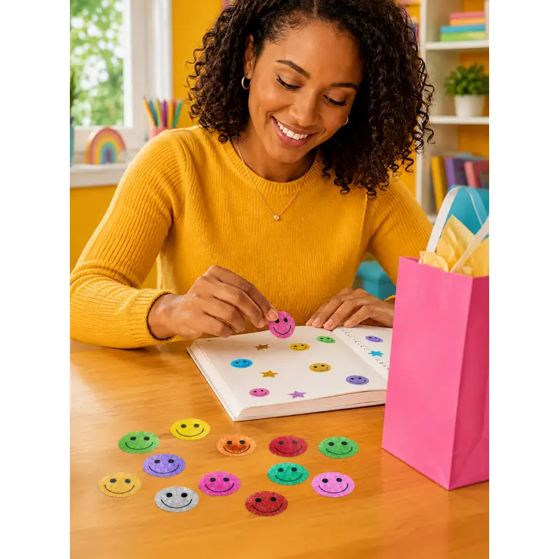 Holographic Glitter Smiley Face Reward Stickers Roll, Colorful Laser Emoji Happy Face Self Adhesive Labels for Teachers Parents School Classroom Motivation, Student Behavior Chart, Planner Journal Scrapbook Envelope Seal Gift Wrapping, Christmas Halloween