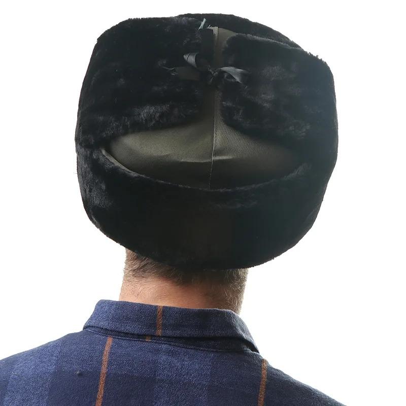 Men's Winter Soviet Badge Lei Feng Hats Russian Ushanka Hat Outdoor Warm Thicken Faux Rabbit Fur Windproof Snow Caps
