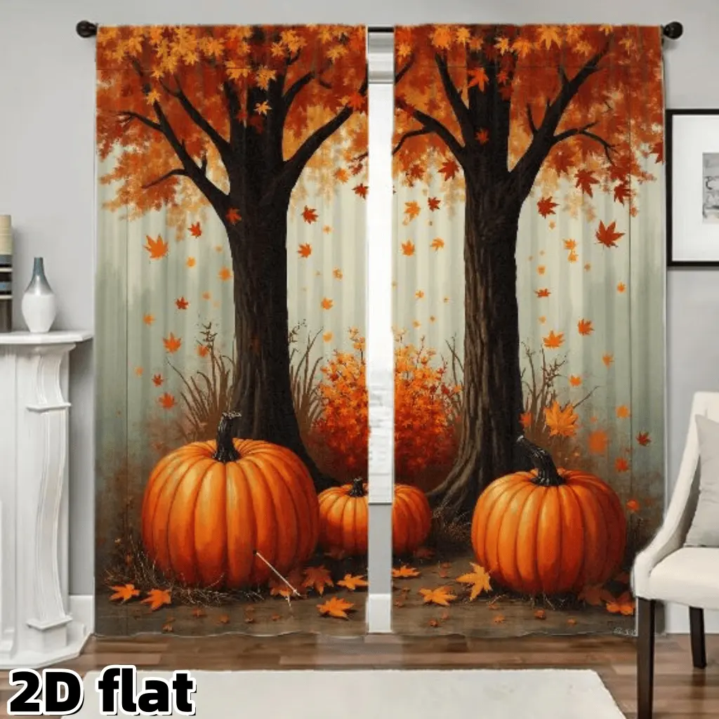 2D Flat 2Pcs Autumn Maple Forest Pumpkin Print Curtains Farmhouse Fall Harvest Theme Pole Top Design Semi Sunshade Polyester Panels for Living Room Bedroom Kitchen Window Treatment Thanksgiving Festival Home Decor Drapes