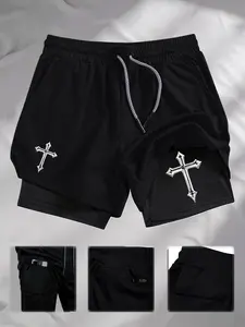 Cross Print Gym Shorts for Men, Summer Quick-Dry Breathable Multi-Pocket Sport Shorts, Ideal for Outdoor Activities and Gyms