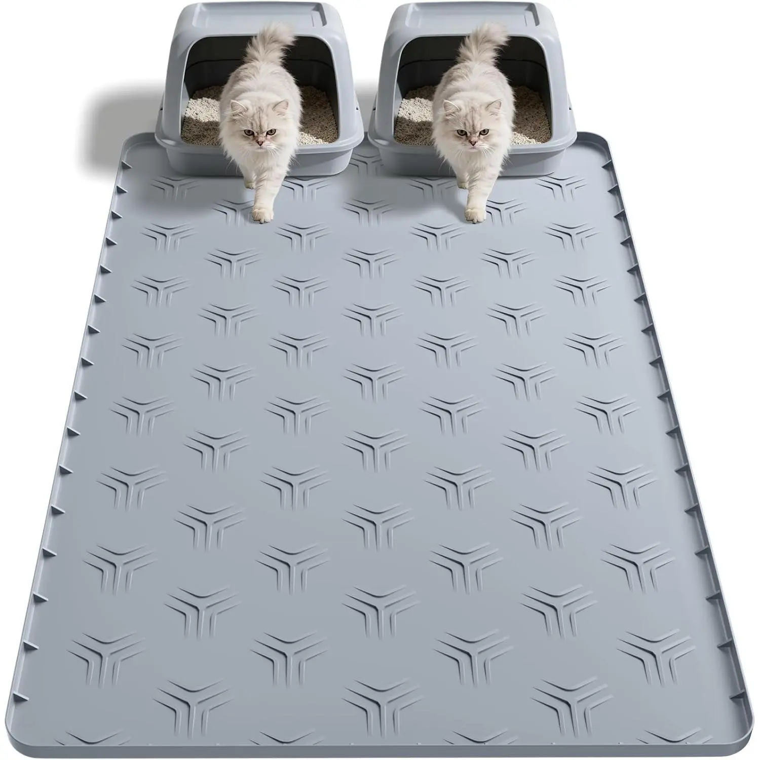 Cat Litter Box Mat, 34"×22" Waterproof Silicone Cat Litter Trapping Mat Non-Slip Gray Kitty Litter Mat for Indoor Cats, Rubber Pet Food Mats with Lip Easy to Clean & Soft