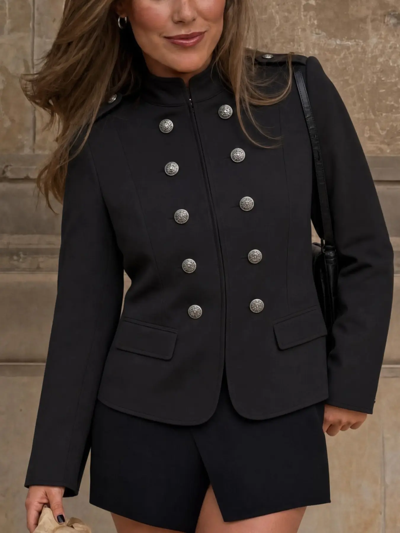2026 Trendy Military Style Jacket, Stand Collar Double Button with Shoulder Patches, Long Sleeve Pocketed Outerwear for Spring & Fall