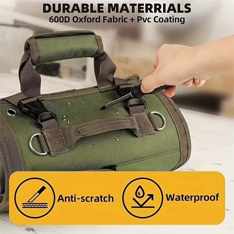Heavy Duty Waterproof Roll Up Portable Tool Bag Tool Organizing Bag Multi-Functional Tool Storage Organizer for Electricians Carpenters Mechanics Tool Pouch