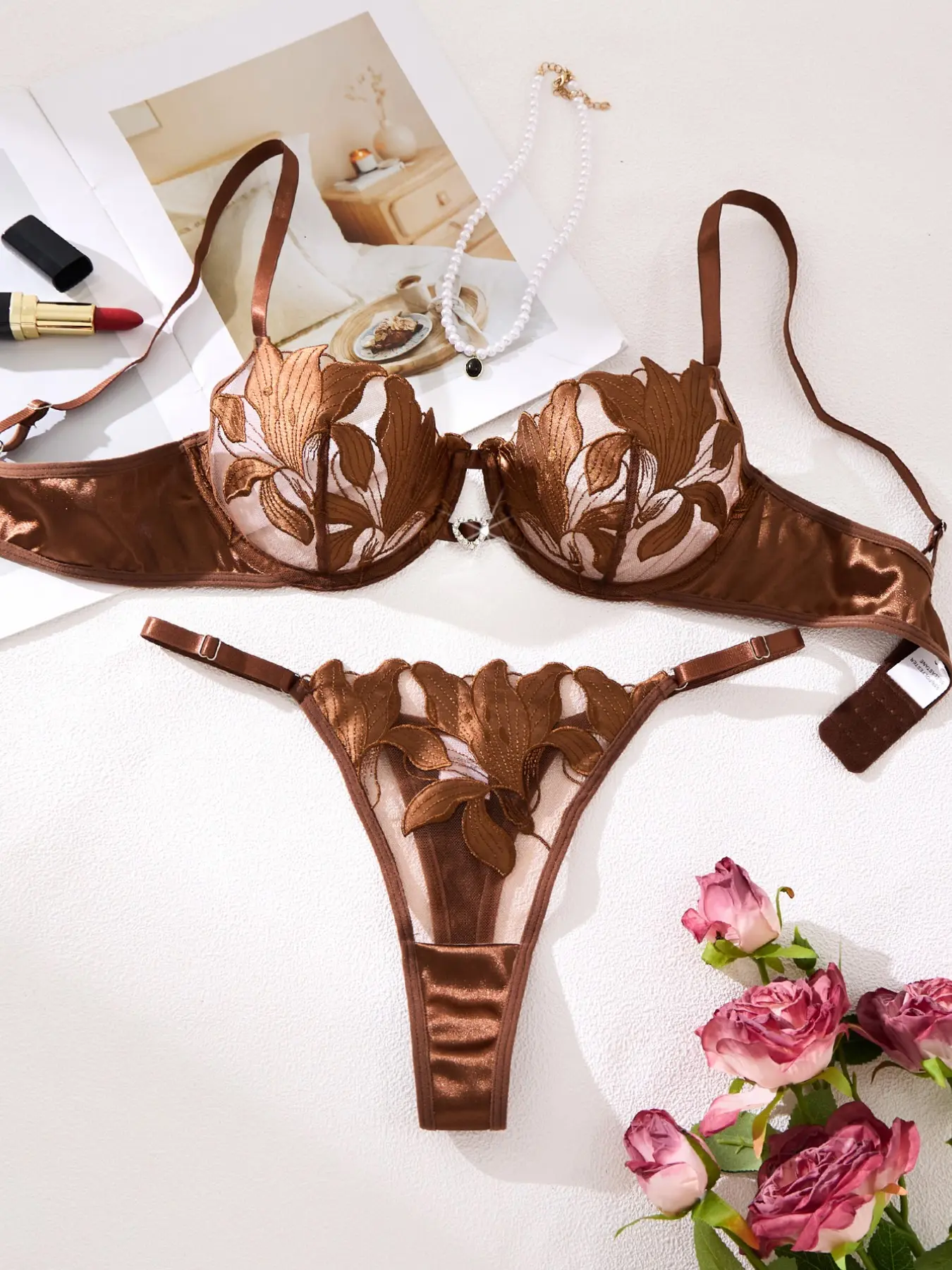 Burgundy Satin Floral Embroidery Bra Set, Vintage Chic Seamless Lingerie, Lifts Small Bust, Shapes Underboob, Perfect for Daily Wear